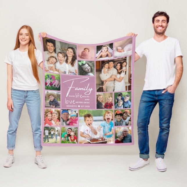 Modern 17 Photo Collage Family Name Quote Lavender Fleece Blanket (In Situ)