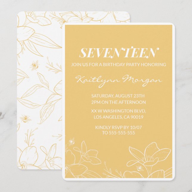 Modern 17th birthday invitations Floral Yellow (Front/Back)