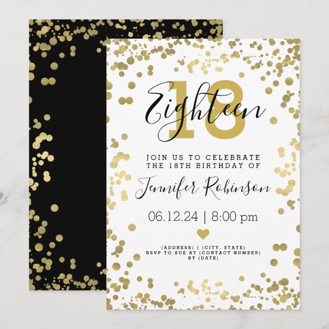 Modern 18th Birthday Party Gold Foil Dots Invitation (Front/Back)