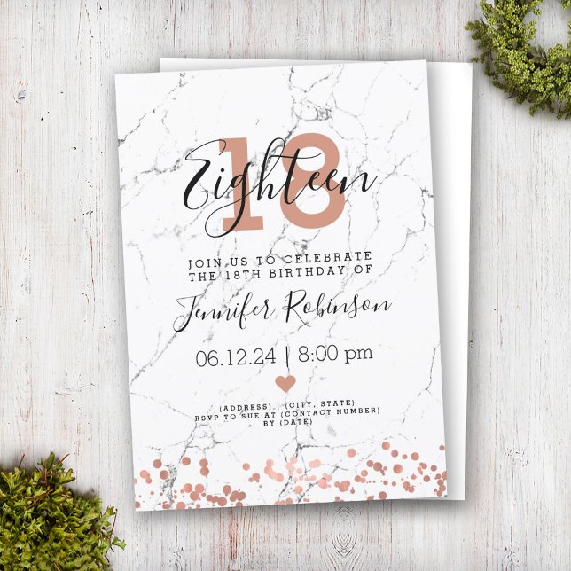 Modern 18th Birthday Party Rose Gold Marble Invitation (Creator Uploaded)