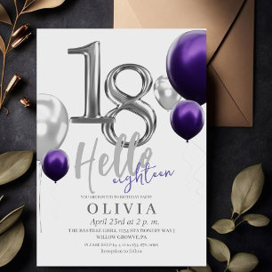 Modern 18th Birthday Party Silver Purple Balloons  Invitation