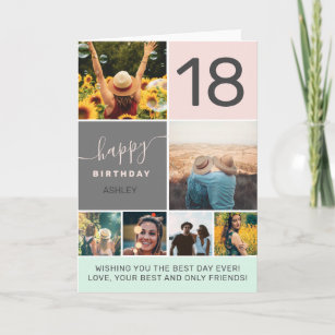 Modern 18th birthday pink 6 photo collage grid card