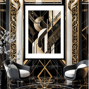 Modern 1920 Art Deco Geometric gold black white Poster
