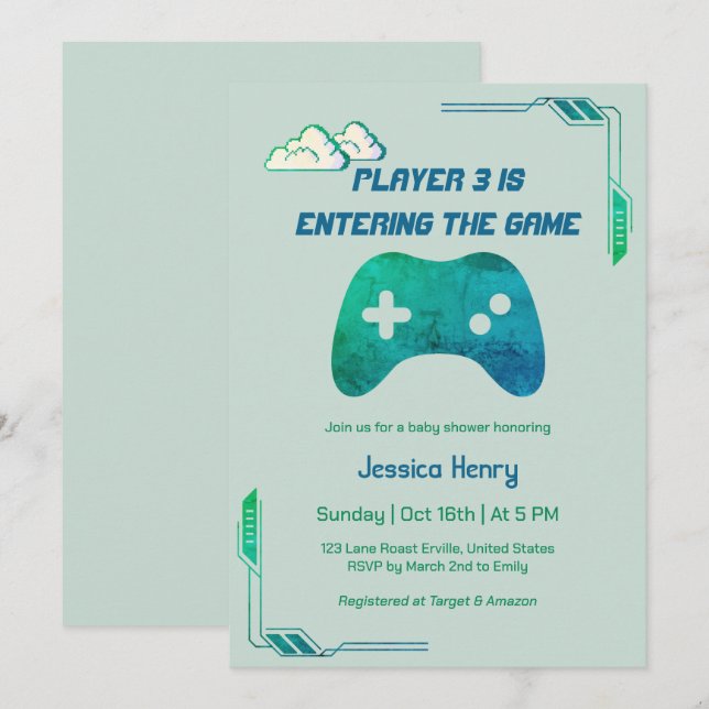 Modern 1974 Video Game Player 3 Gaming Baby Shower Invitation (Front/Back)