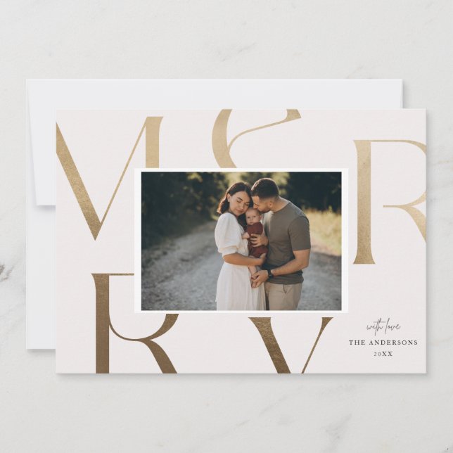 Modern 1 Photo Faux Gold Merry Christmas Holiday  Card (Front)