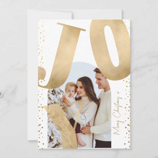 Modern 1 Photo Merry Christmas Joy Arch Gold Holiday Card (Front)
