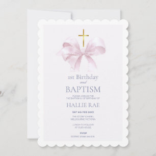 Modern 1st Birthday and Baptism with Pink Bow Invitation