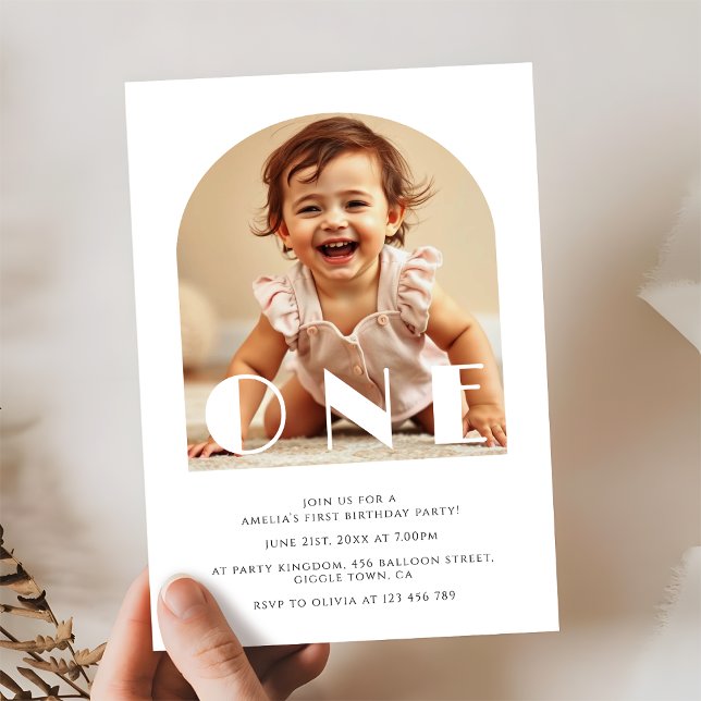 Modern 1st Birthday Elegant Arch Photo Invitation (Creator Uploaded)