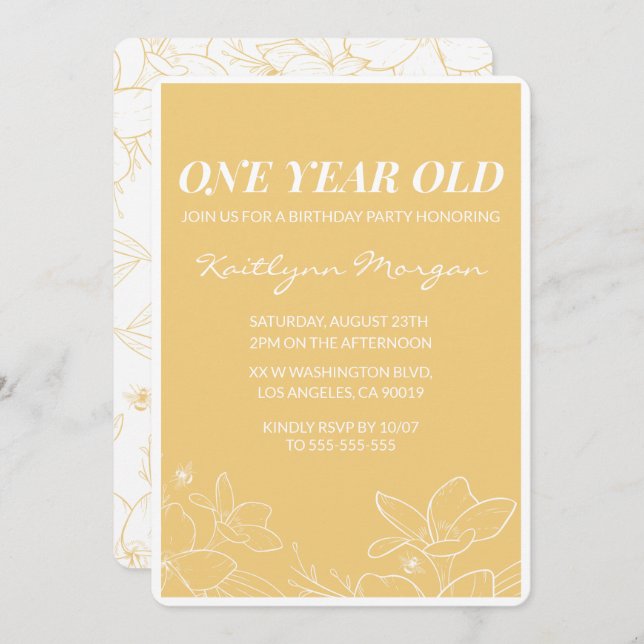 Modern 1st birthday invitations Floral Yellow (Front/Back)