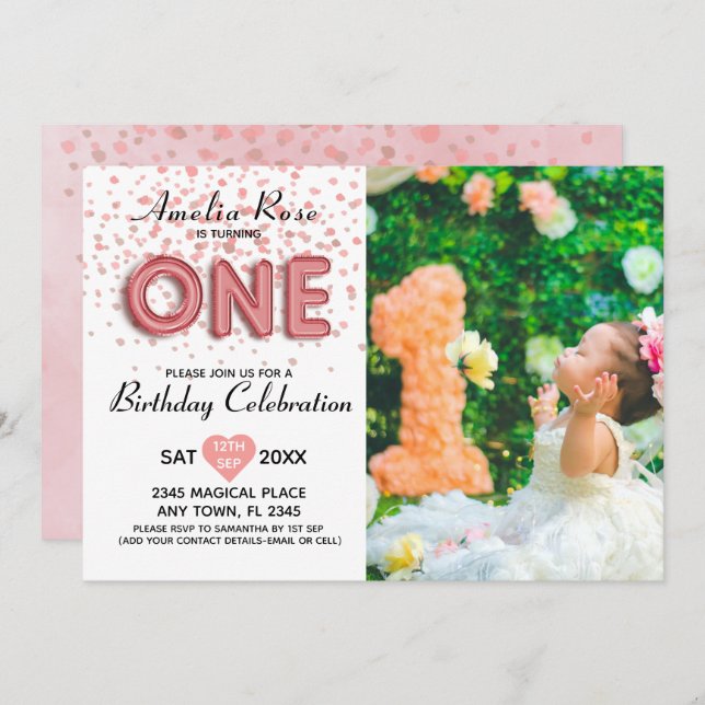 Modern 1st Birthday Pink Confetti Balloon Script  Invitation (Front/Back)