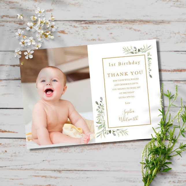 Modern 1st Birthday Thank You Photo Card (Creator Uploaded)