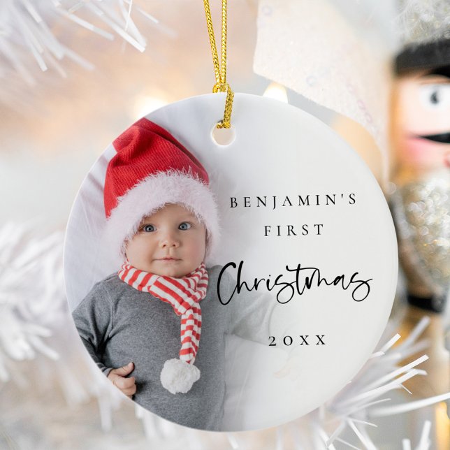 Modern 1st Christmas Baby Name Year Photo  Ceramic Ornament (Same design on both sides)