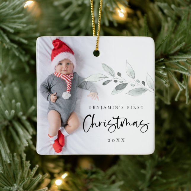 Modern 1st Christmas Baby Photo Foliage Ceramic Ornament (Tree)