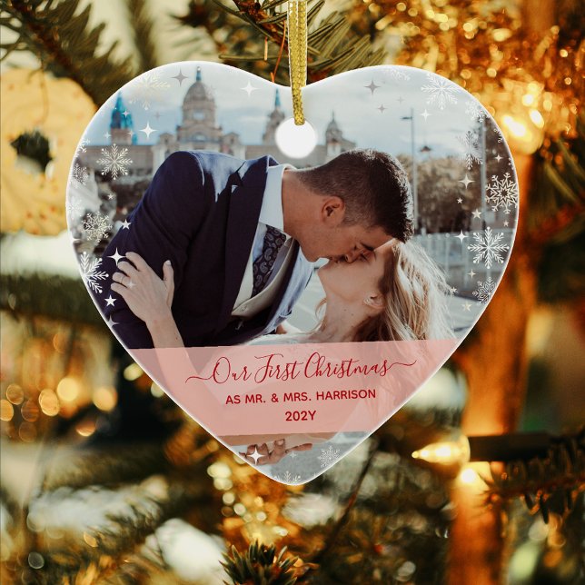 Modern 1st Christmas Mr Mrs 1 Photo Heart Shaped  Ceramic Ornament (Modern Elegant Our First Christmas as Mr. & Mrs. Newlyweds 1 Photo Pink Band Calligraphy Names Heart)