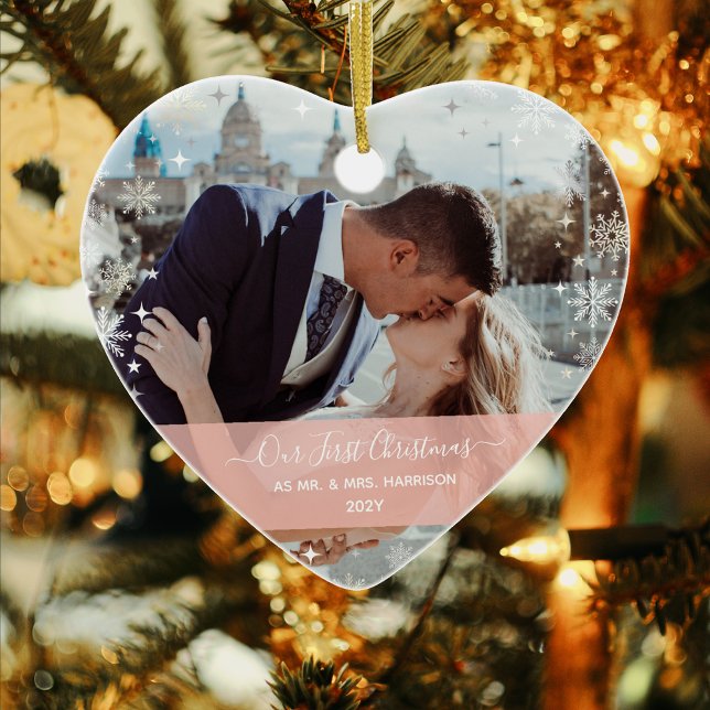 Modern 1st Christmas Mr Mrs 1 Photo Heart Shaped Ceramic Ornament (Modern Elegant Our First Christmas as Mr. & Mrs. Newlyweds 1 Photo Pink Band Calligraphy Names Heart)