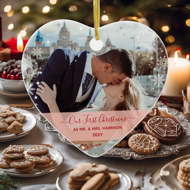 Modern 1st Christmas Mr Mrs 2 Photos Heart Shaped Ceramic Ornament (Our First Christmas as Mr. & Mrs. Elegant Modern Calligraphy Personalized Names 2 Photos Snowflakes)