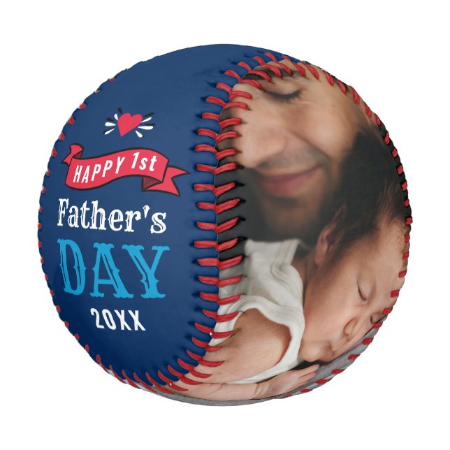 Modern 1st Fathers Day Baby Photo Typography Blue Baseball (Angled)