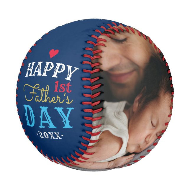 Modern 1st Fathers Day Typography Baby Photo Blue Baseball (Angled)