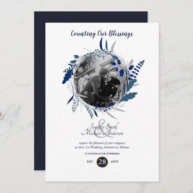 Modern 1st Wedding Anniversary PHOTO Blue Wreath Invitation (Front/Back)