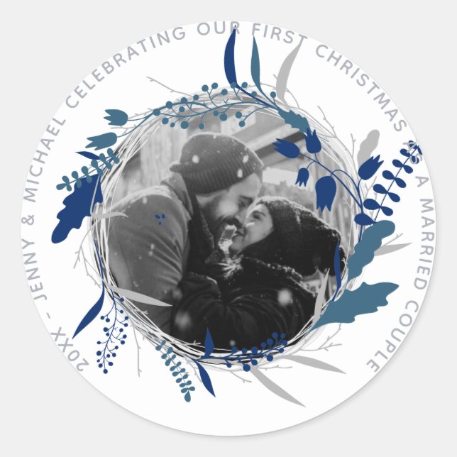 MODERN 1st YEAR Engaged or Married PHOTO Party Classic Round Sticker (Front)