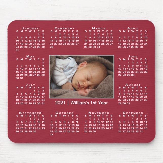 Modern 2021 Calendar Your Photo Name on Burgundy Mouse Pad (Front)
