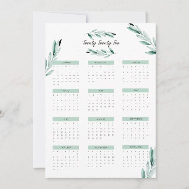 Modern 2022 Full Year Calendar Minimalist Card (Front)