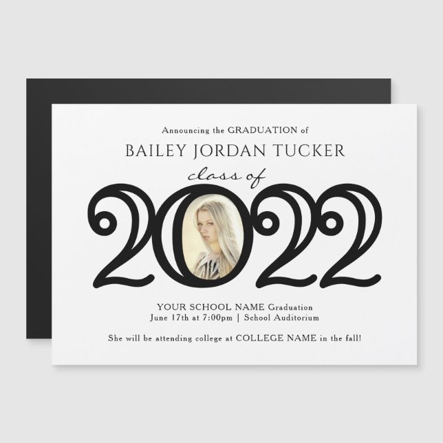 Modern 2022 Photo Black White Graduation Magnet (Front/Back)