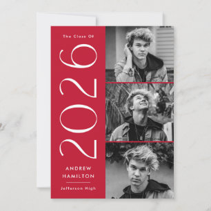 Modern 2022 Red 3 Photo Graduation Party Invitation