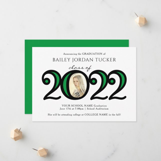 Modern 2022 School Colours Photo Green Graduation Announcement (Front/Back In Situ)