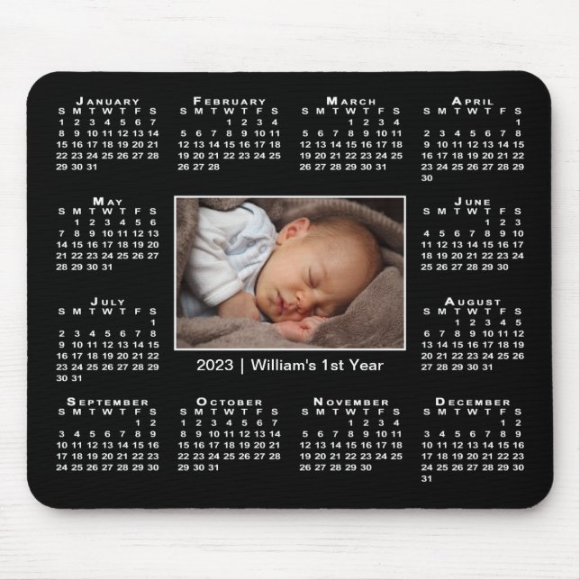 Modern 2023 Calendar Your Photo Name on Black Mouse Pad (Front)