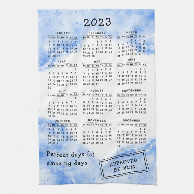 Modern 2023 Full Year Calendar White Blue Tea Towel (Vertical)