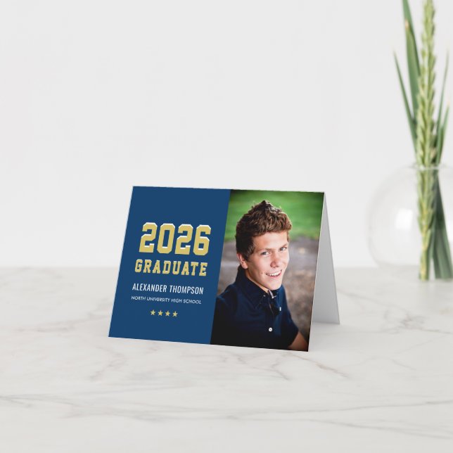 Modern 2023 Graduate Navy Gold Photo Graduation Thank You Card (Front)