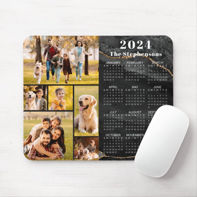 Modern 2024 Calendar 6 Photo Collage Black Agate Mouse Pad (With Mouse)