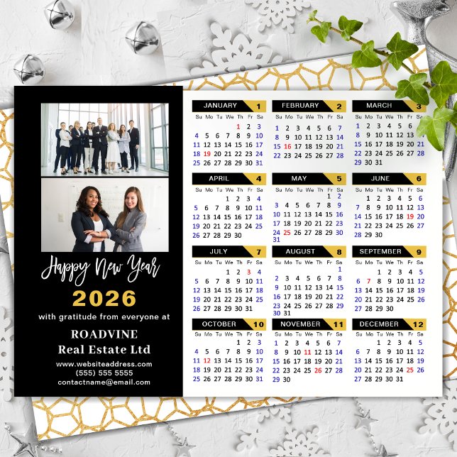 Modern 2024 Calendar Corporate 2 Photo Black Gold Holiday Card (Creator Uploaded)