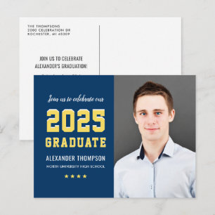 Modern 2024 Graduate Navy Yellow Photo Graduation Invitation Postcard