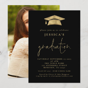 Modern 2024 Graduation Photo Gold Grad Cap Black I Invitation
