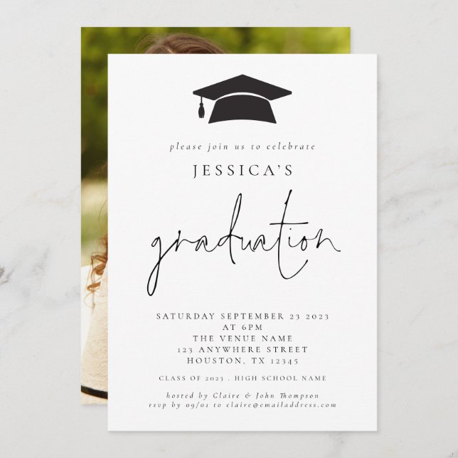 Modern 2024 Graduation Photo Mortar Board Cap Invitation (Front/Back)