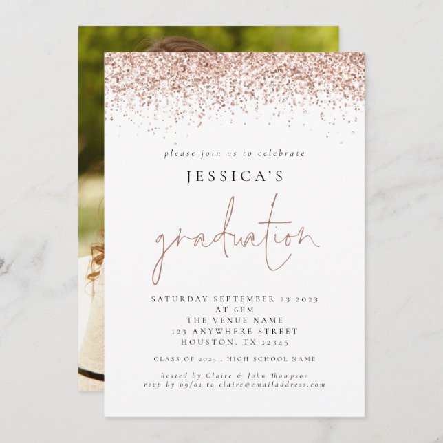 Modern 2024 Graduation Photo Rose Gold Glitter Invitation (Front/Back)