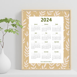 Modern 2024 Neutral Earthy Leaf Pattern Calender Poster