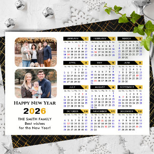 Modern 2025 Calendar Family 2 Photo Black Gold Holiday Card