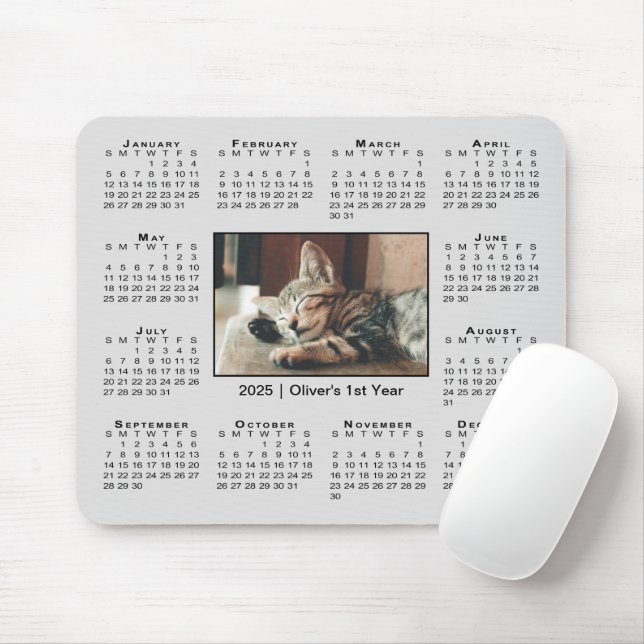 Modern 2025 Calendar Your Photo Name on Grey Mouse Pad (With Mouse)