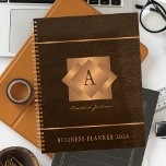 Modern 2025 gold monogram name script elegant planner<br><div class="desc">A classy elegant business or personal 2025 brown planner featuring gold copper metallic geometric monogrammed square label on a leather look background. Perfect for a stylish business image for a business corporate manager, director, fashion stylist, home interior decorator, designer, architect, beauty salon manager, makeup artist, hairstylist. Easy to personalise with...</div>