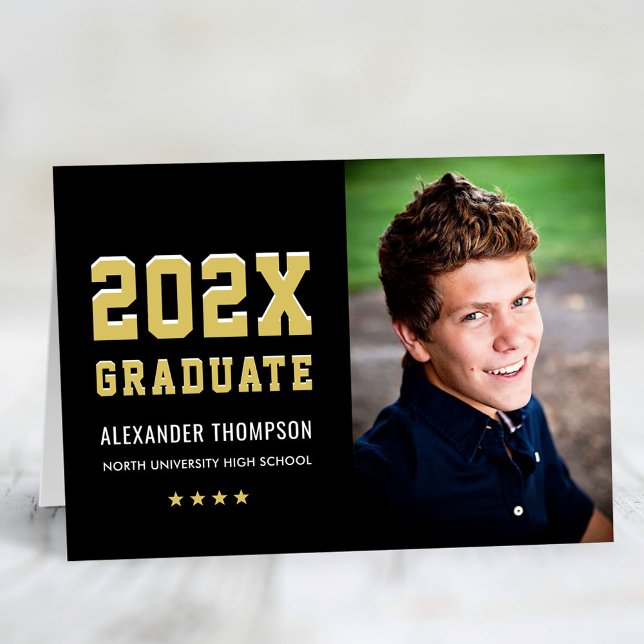 Modern 2025 Graduate Black Gold Photo Graduation Thank You Card (Creator Uploaded)