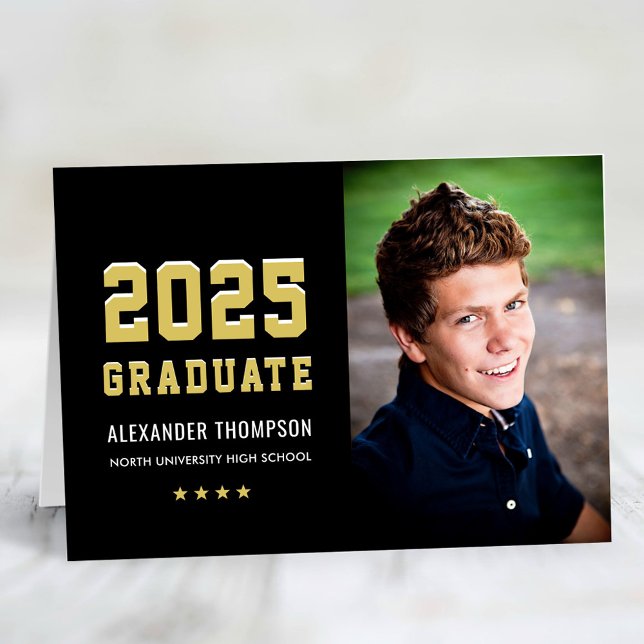 Modern 2025 Graduate Black Gold Photo Graduation Thank You Card (Creator Uploaded)