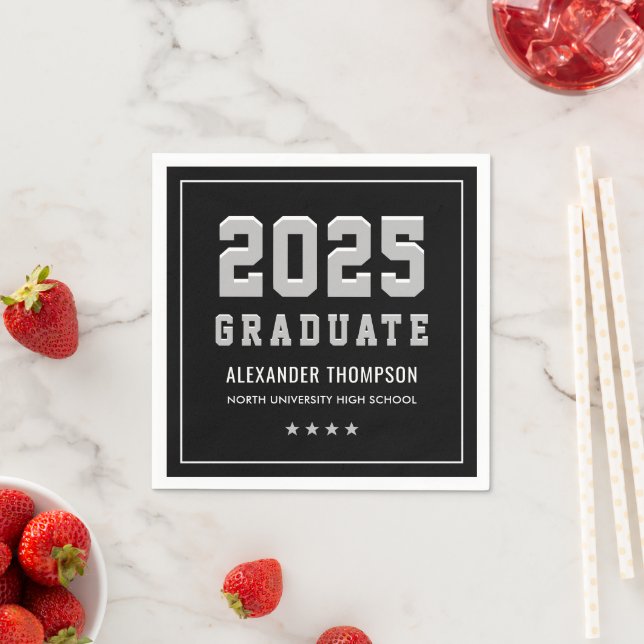 Modern 2025 Graduate Black Grey Graduation Party Napkin (Insitu)