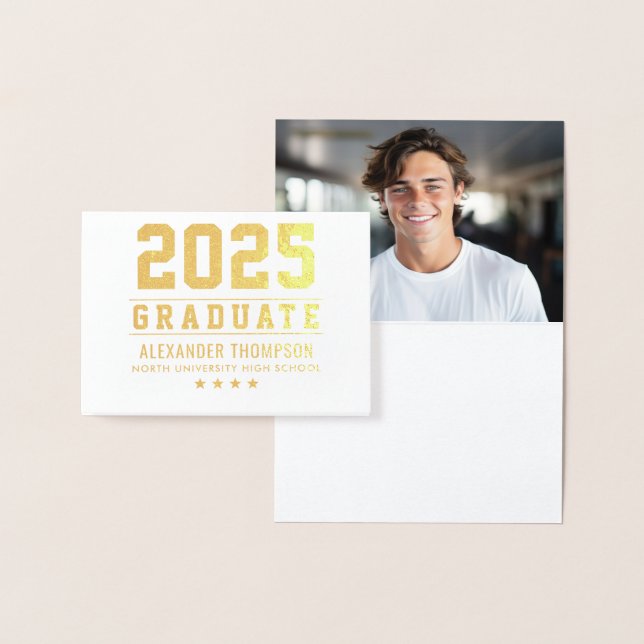Modern 2025 Graduate Custom Graduation Photo Gold Foil Card (Display)