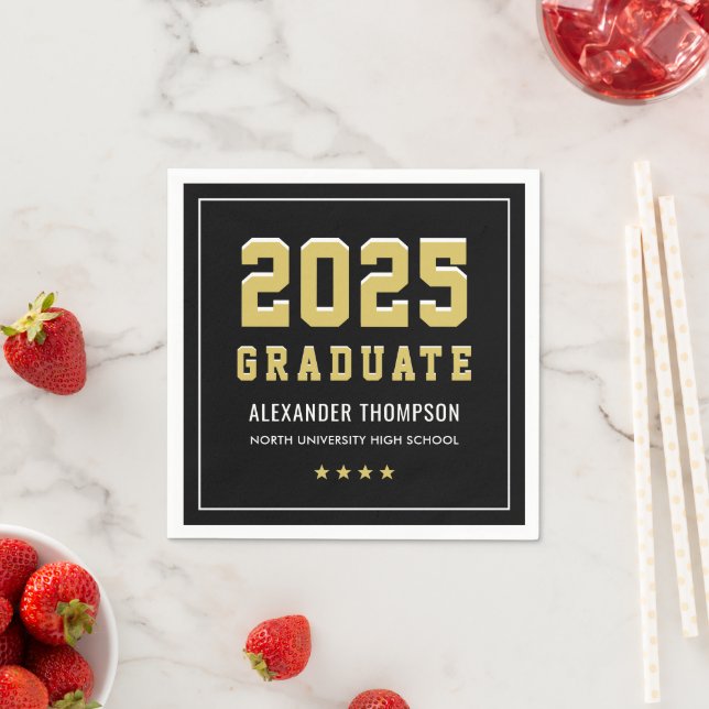 Modern 2025 Graduate Gold Black Graduation Party Napkin (Insitu)