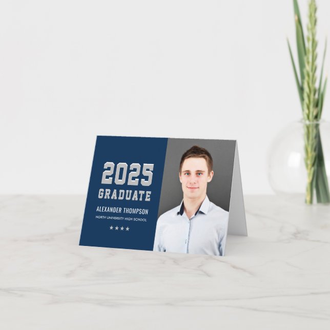 Modern 2025 Graduate Navy Gray Custom Graduation Thank You Card (Front)