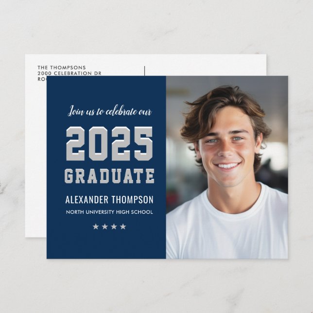 Modern 2025 Graduate Navy Gray Photo Graduation Invitation Postcard (Front/Back)