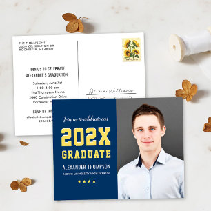 Modern 2025 Graduate Navy Yellow Photo Graduation Invitation Postcard